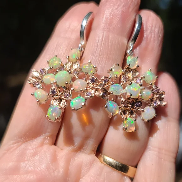 Opal & Amethyst butterfly 🦋 floral cluster earrings - Picture 5 of 10